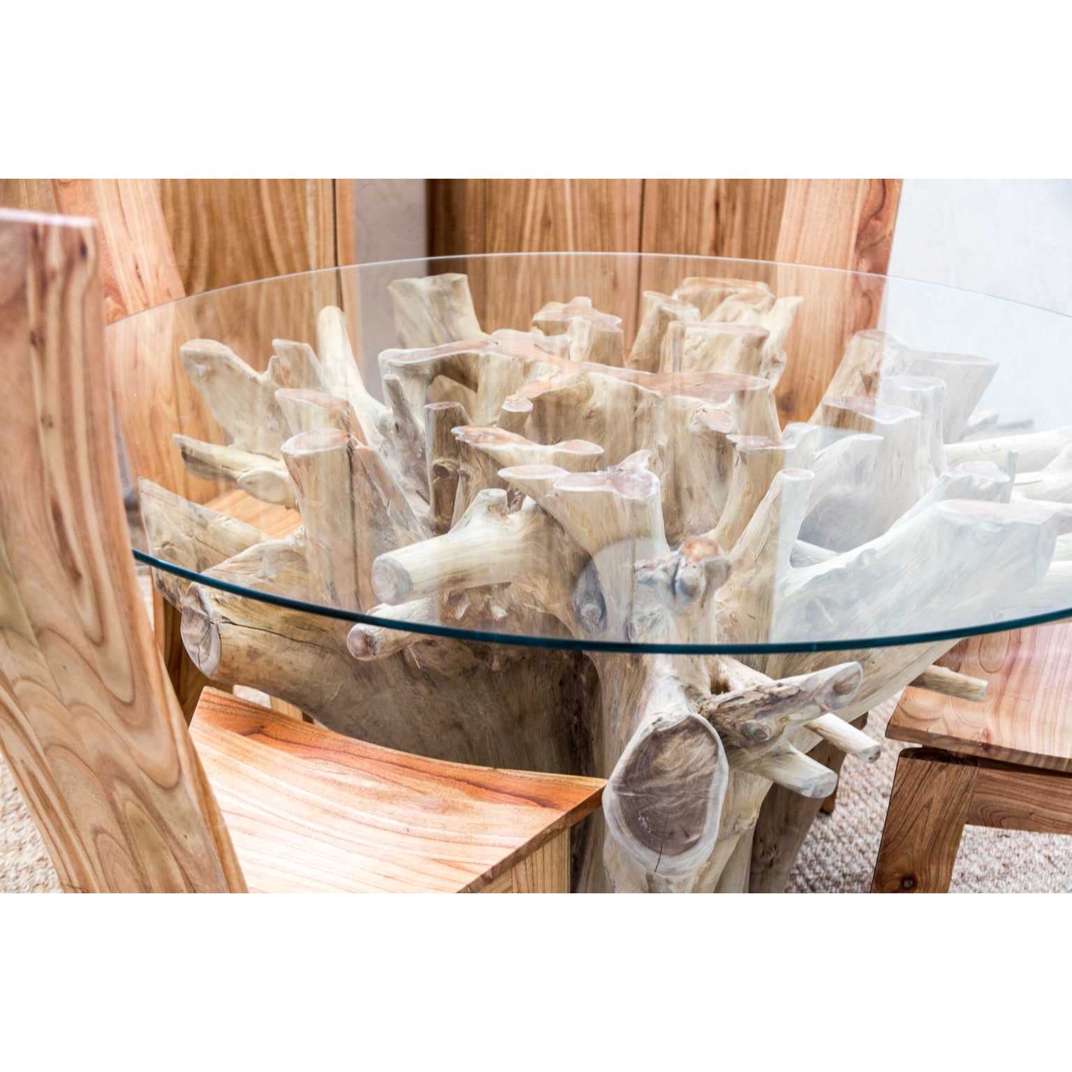 Warri Ethnic Dining Table - Teak Root & Glass Brown