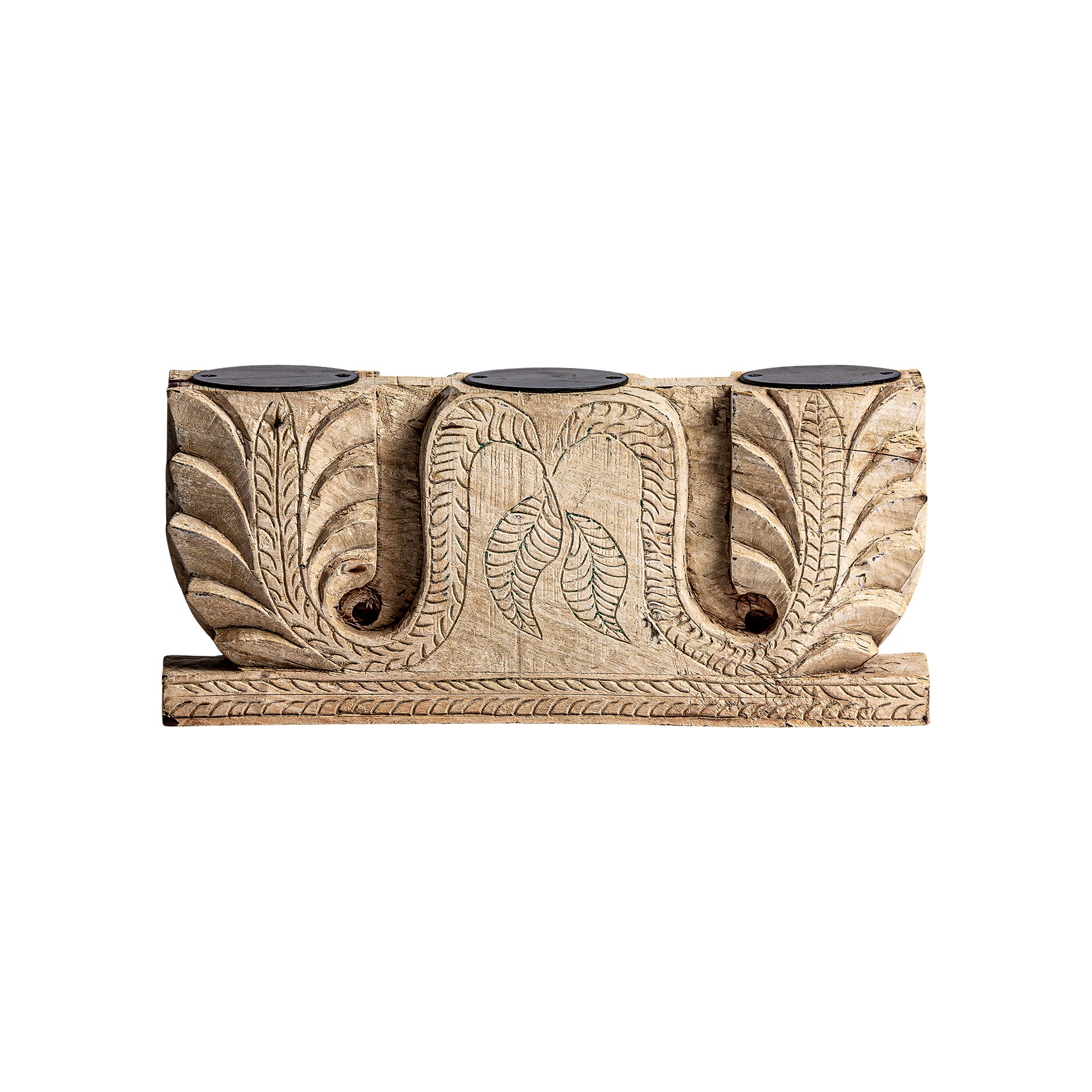 CARVED TEAK WOOD CANDLE HOLDER WITH IRON BASE