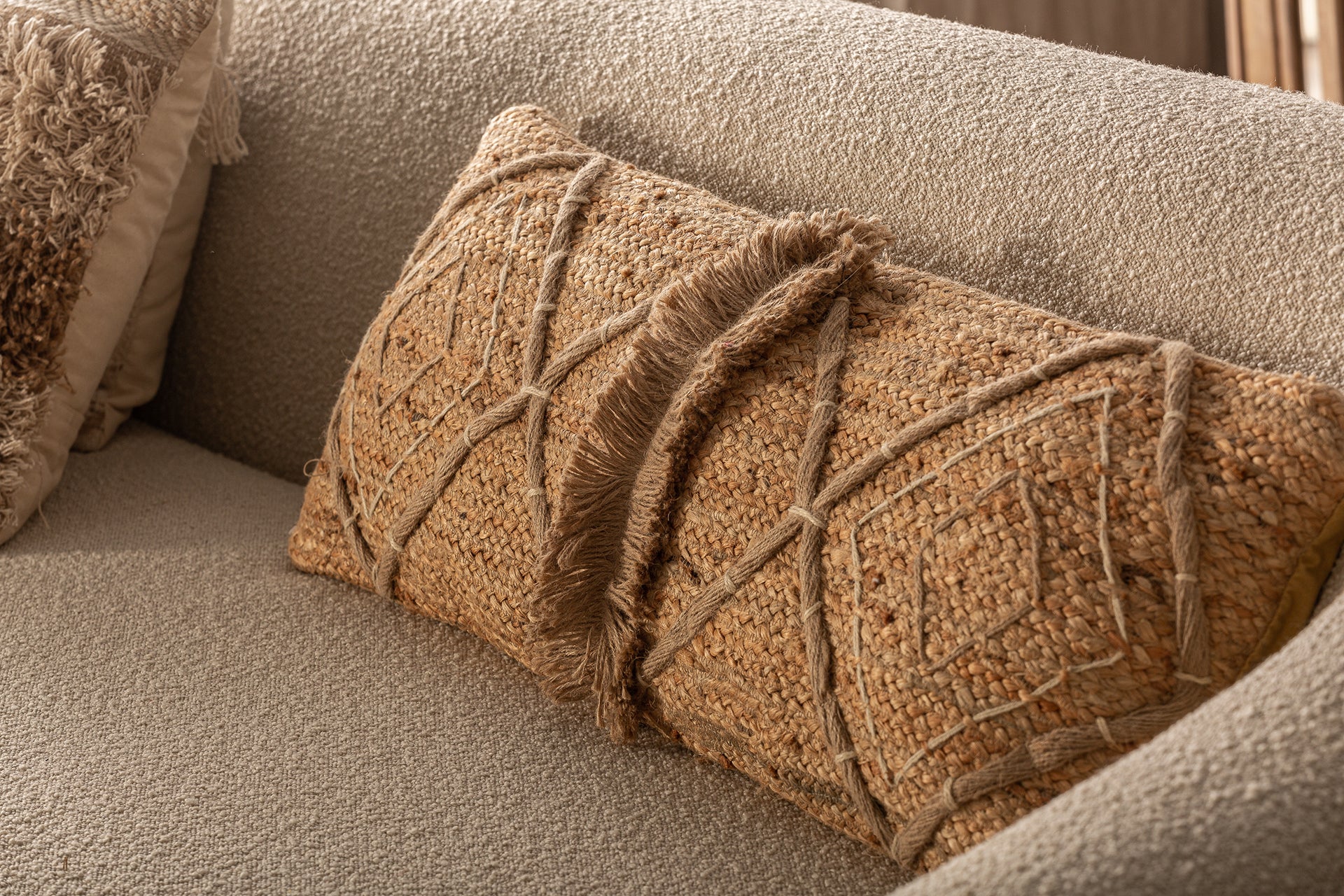 Amely Vintage Jute Cushion — Brown Embroidered