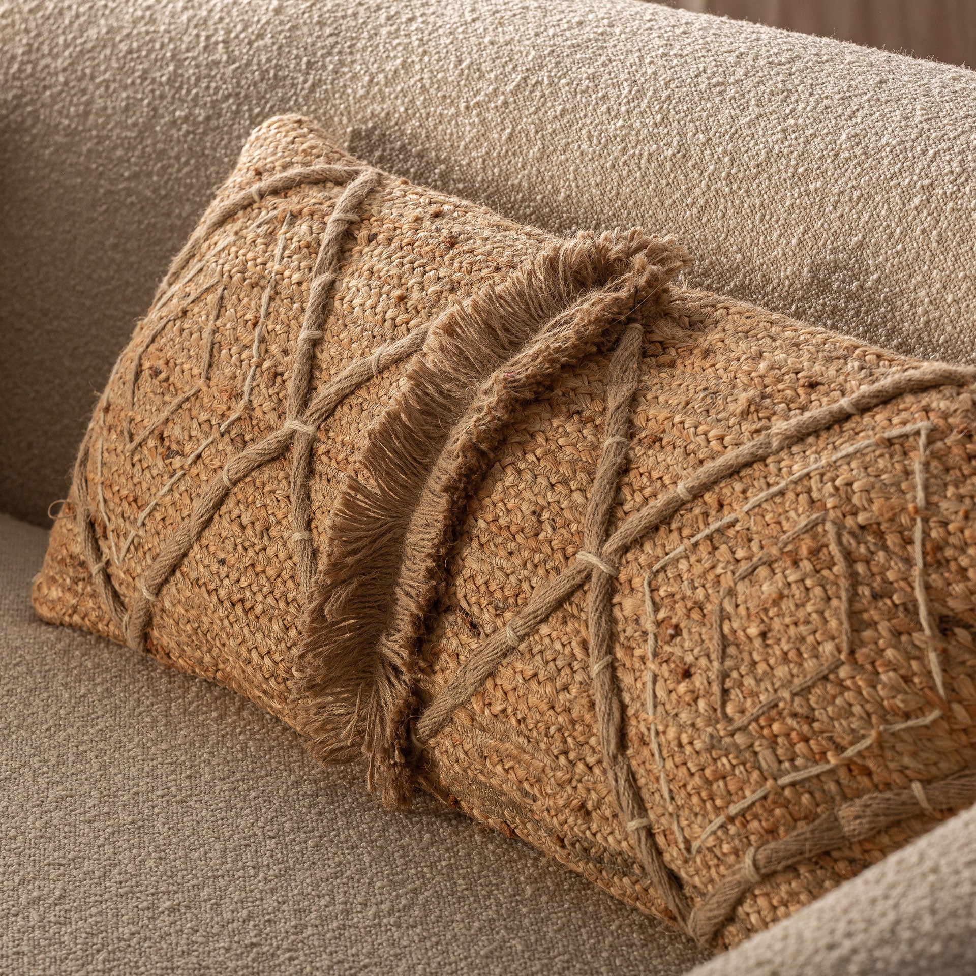 Amely Vintage Jute Cushion — Brown Embroidered