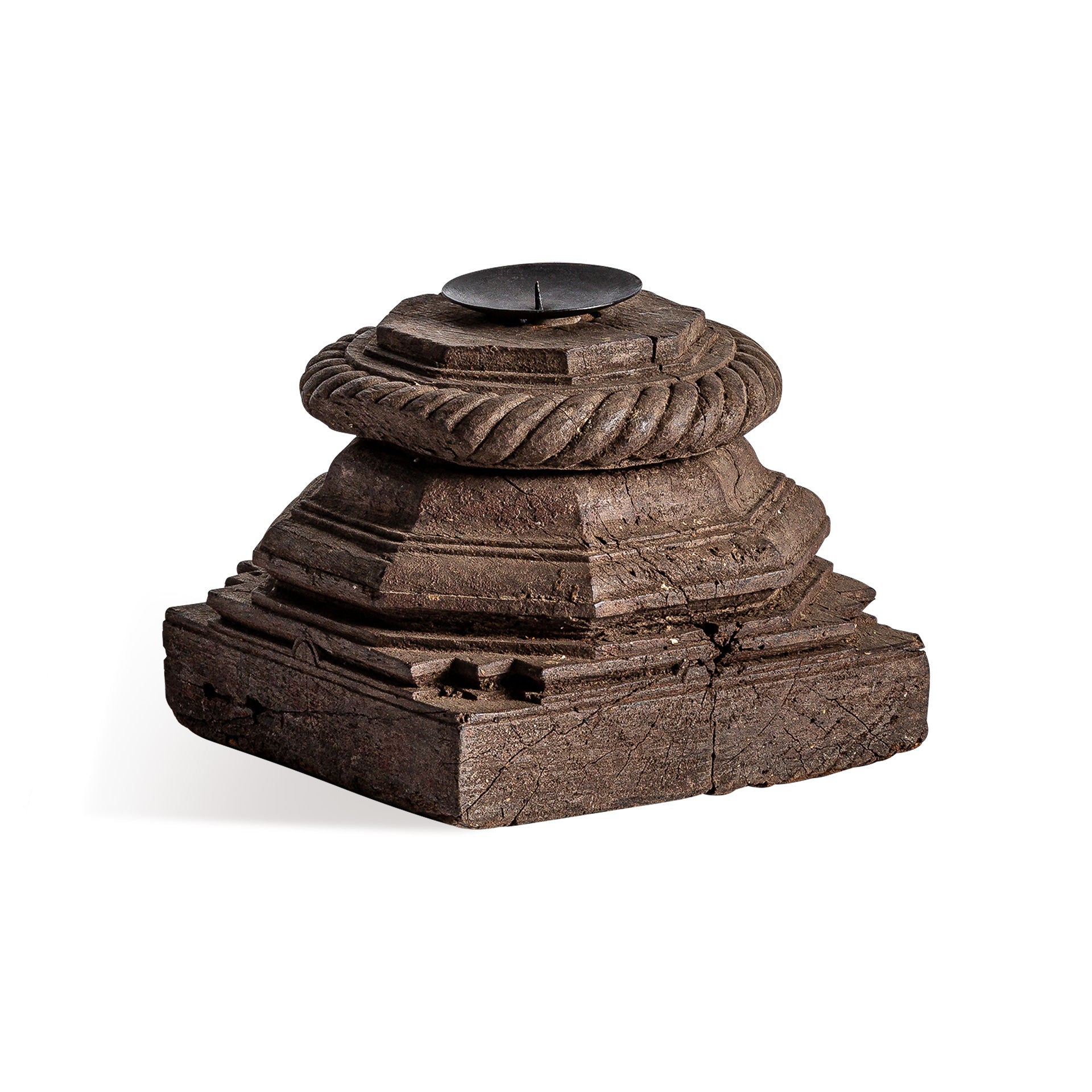 Wajir Ethnic Candle Holder - Recycled Mango Wood Brown Distressed