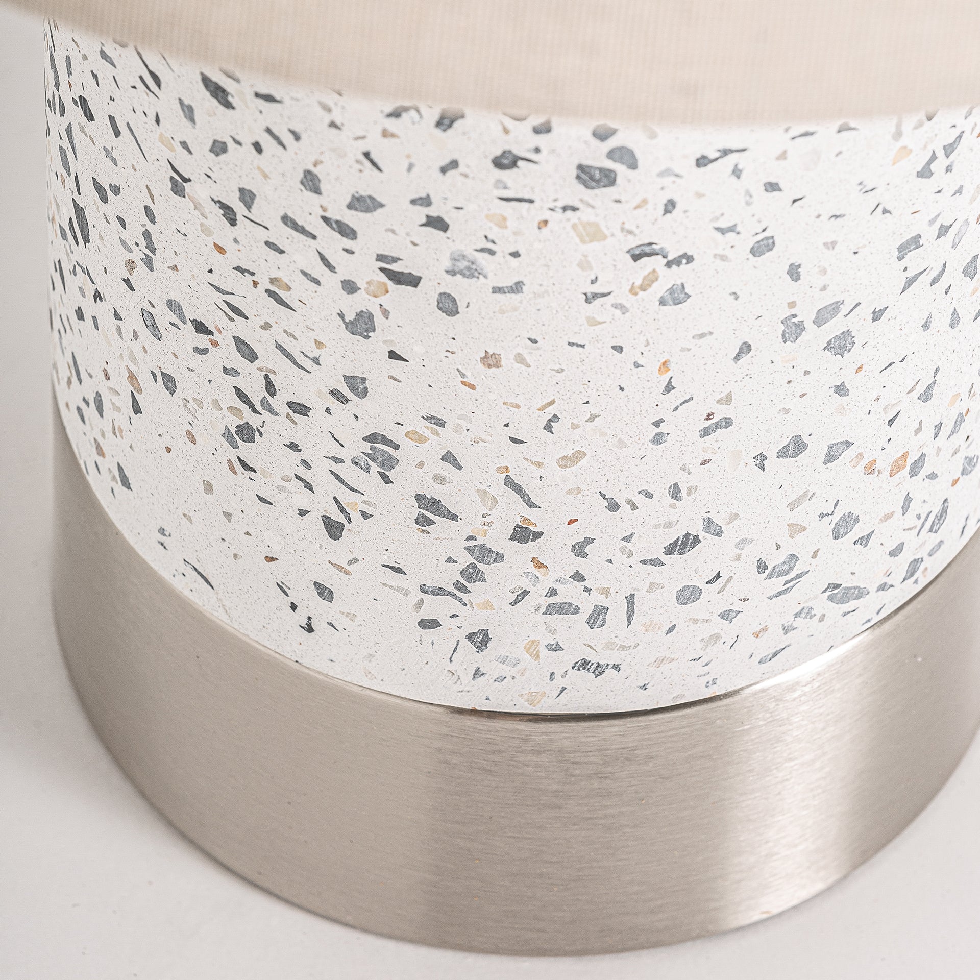 Art Deco Table Lamp - White Stone & Silver Steel with Linen Shade