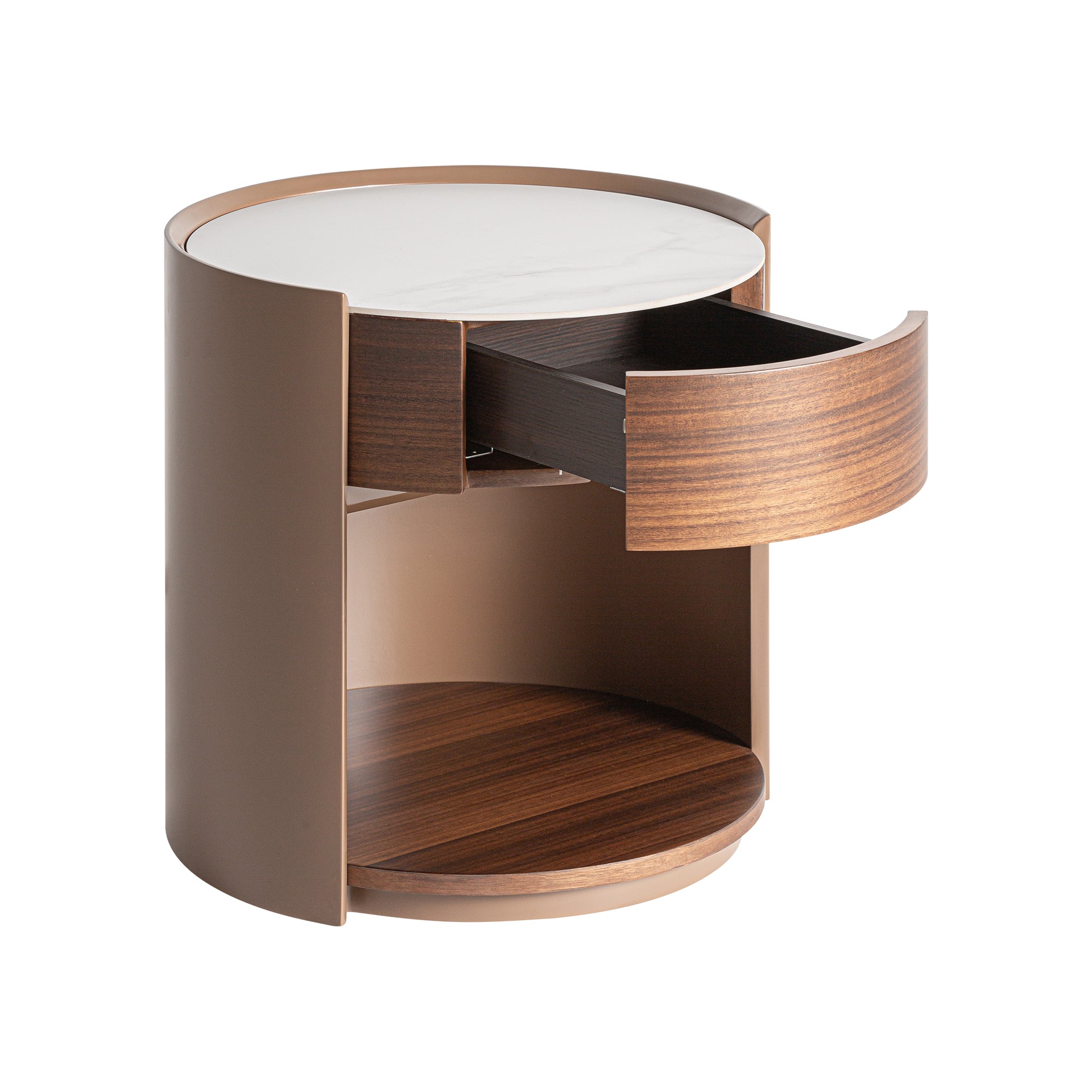 Giswil Art Deco Bedside Table - Brown Plywood Eucalyptus & Sintered Stone