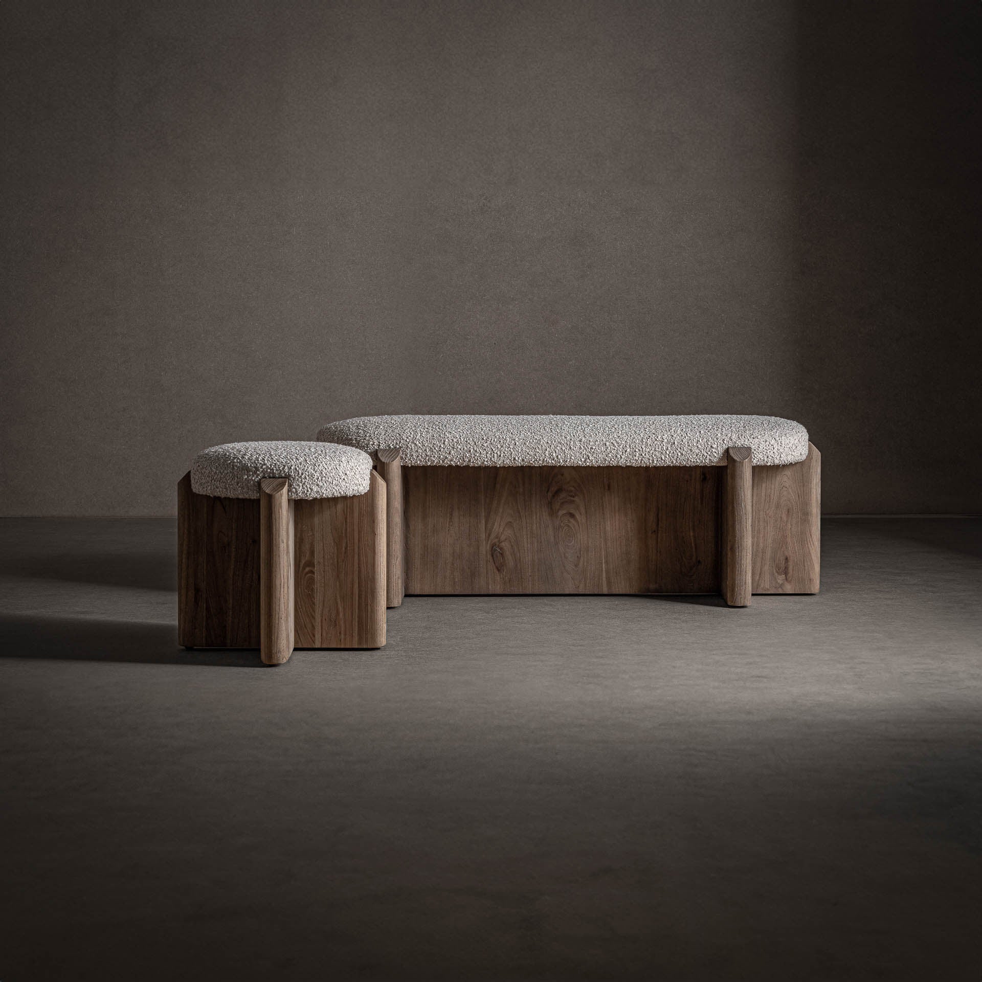 Contemporary Jacquard Bed Foot Stool - Oak & Beige Polyester