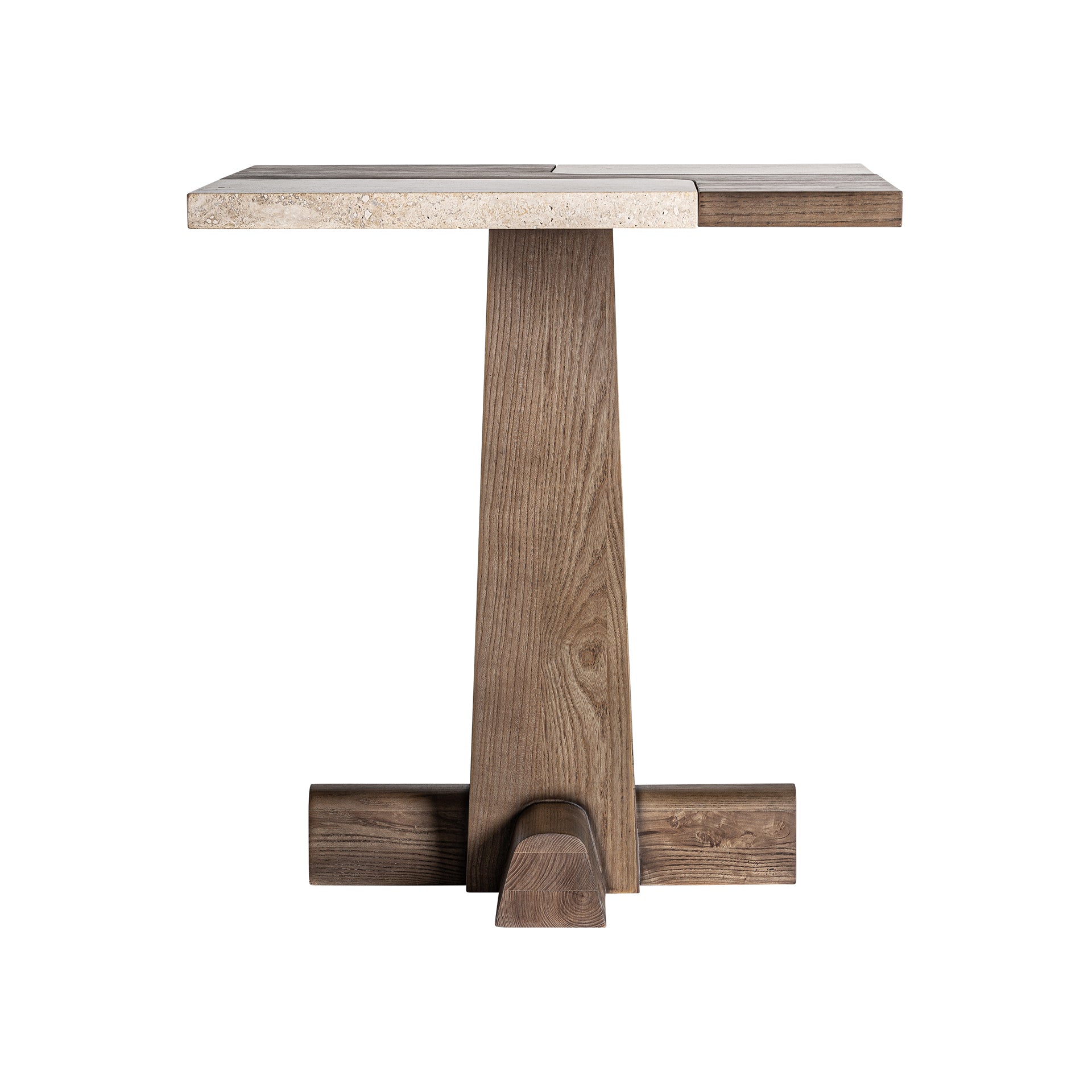Karpacz Contemporary Bar Table - Oak Wood Brown & Beige Travertine