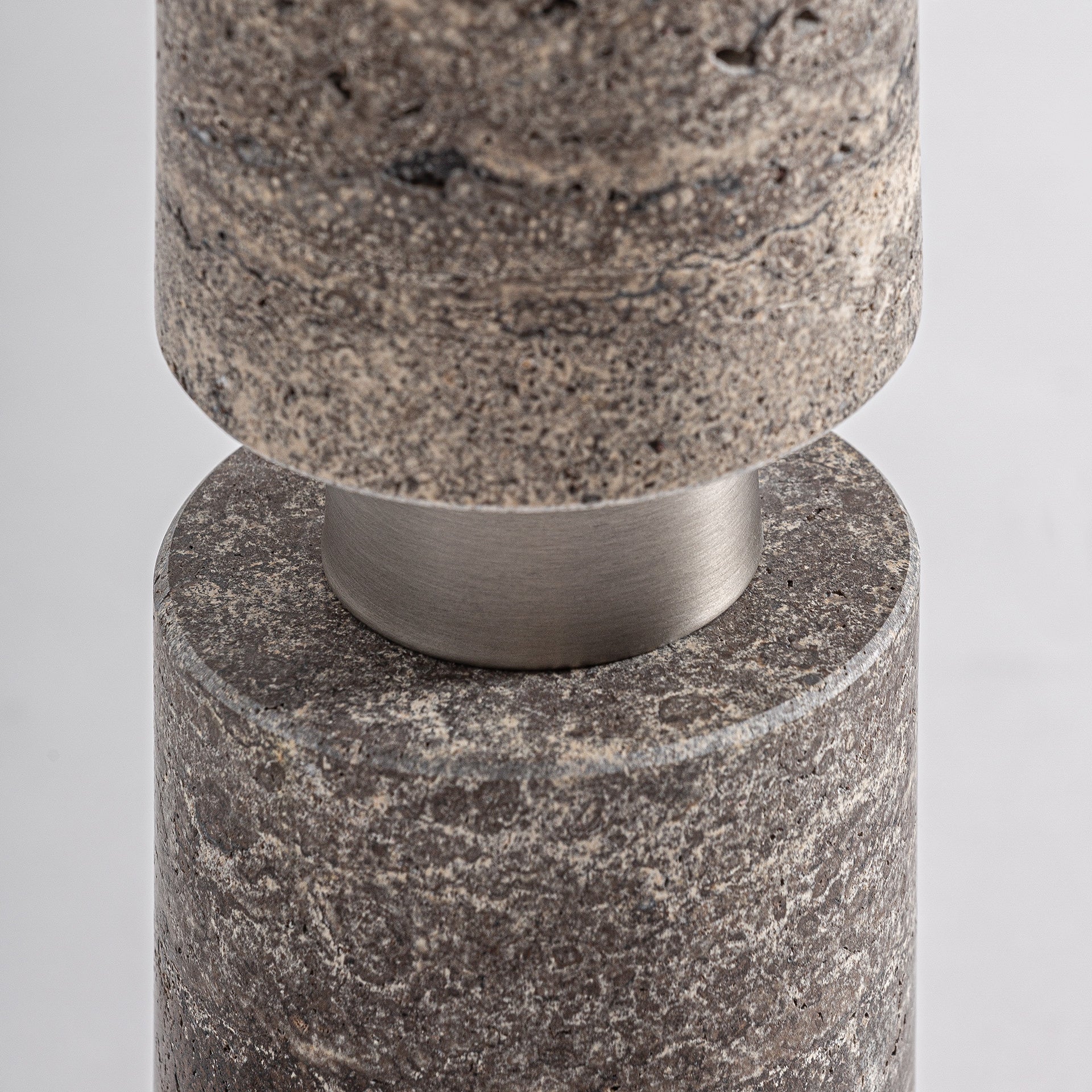 Art Deco Table Lamp - Travertine & Silver Iron with Grey Linen Shade