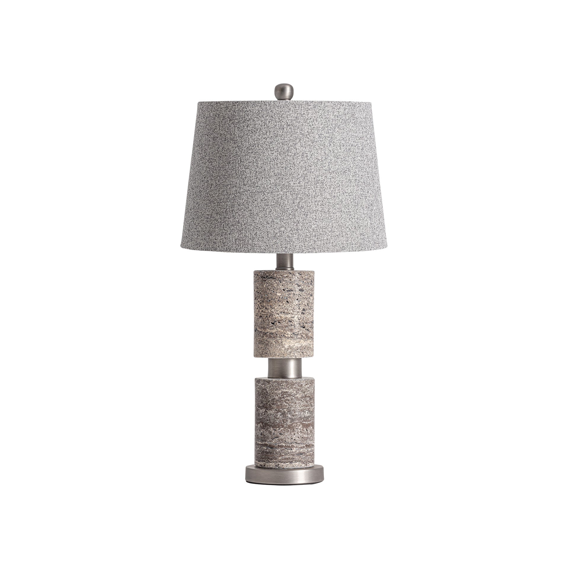 Art Deco Table Lamp - Travertine & Silver Iron with Grey Linen Shade
