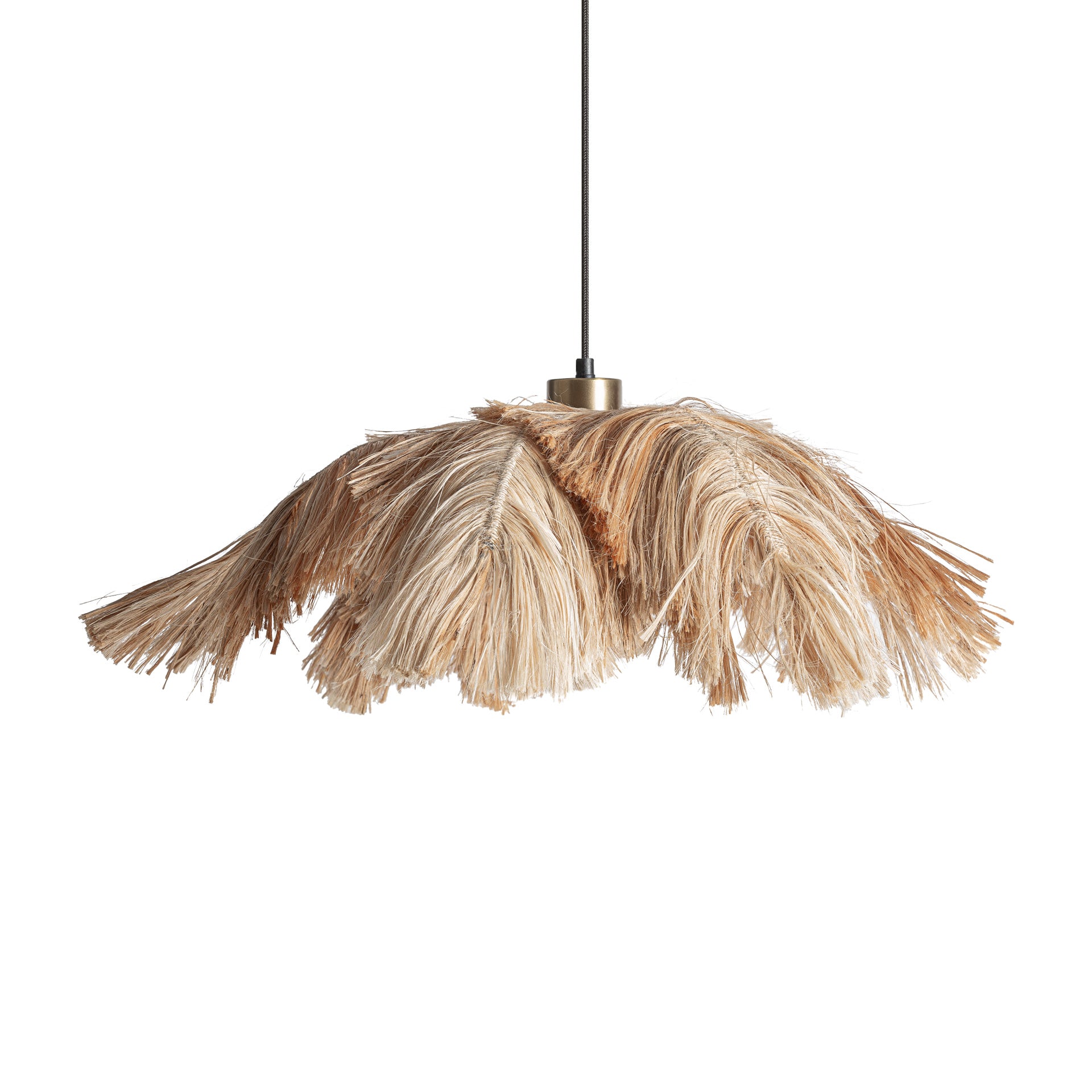 Natural Fiber Ceiling Lamp - Beige Woven Pendant Light with Black & Gold Accents