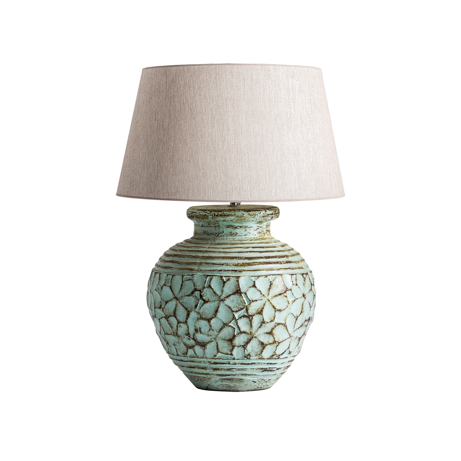 Terracotta Table Lamp with Cotton Shade - Green & Beige