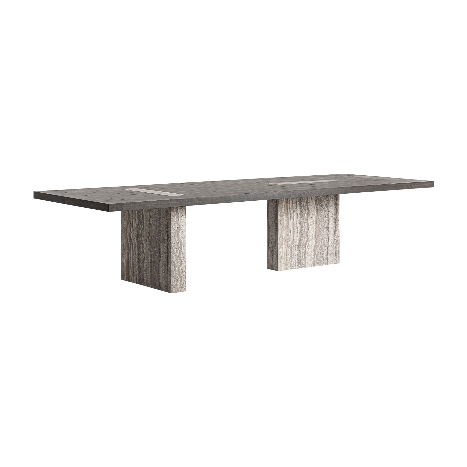 RIGNAC TRAVERTINE & ASH WOOD DINING TABLE – GREY, BROWN & BRASS
