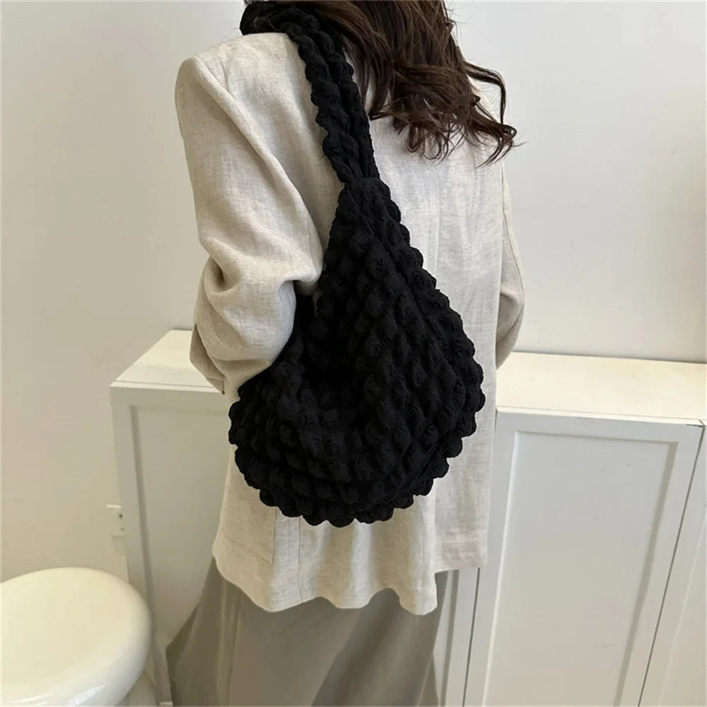 Crossbody Bag with Pleated Design - Embroidered Plaid Shoulder Bag for Women