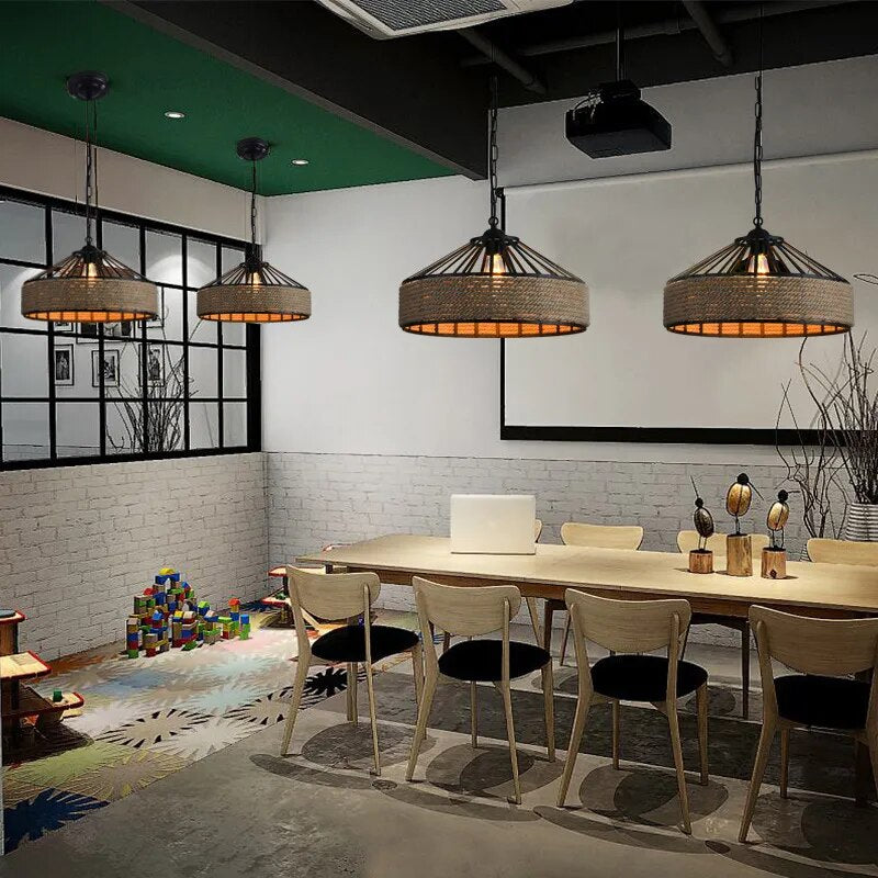 SkandiShop American Retro Iron Art Chandelier E27 Hemp Rope Hanging Lights
