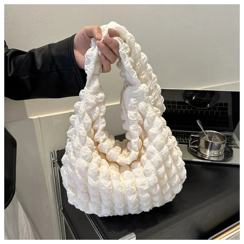 Crossbody Bag with Pleated Design - Embroidered Plaid Shoulder Bag for Women
