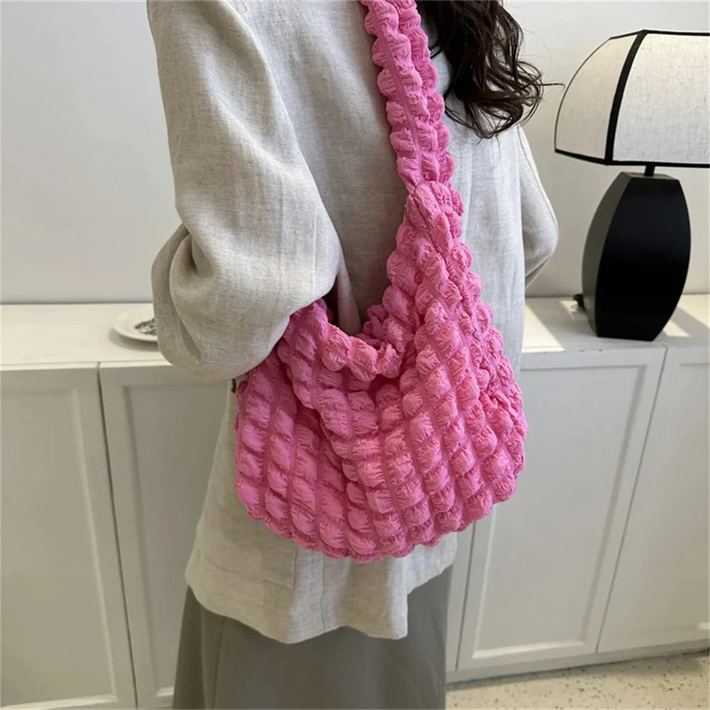 Crossbody Bag with Pleated Design - Embroidered Plaid Shoulder Bag for Women