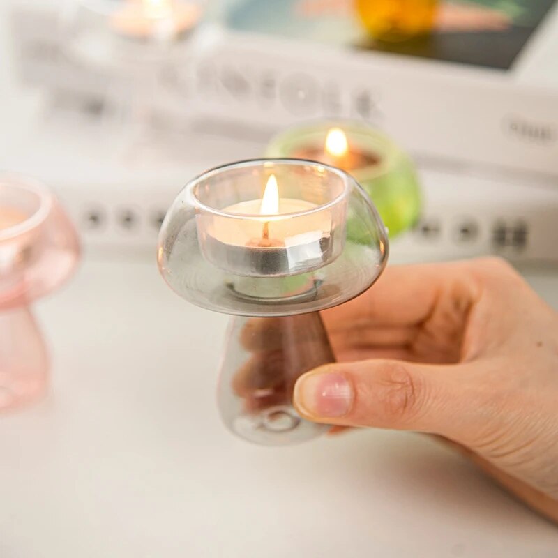 SkandiShop Mushroom Glass Candlestick Ins Transparent Candle Holder