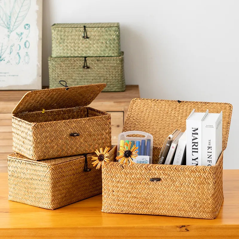 SkandiShop Seaweed Storage Basket Hand-woven Storage Box with Lid