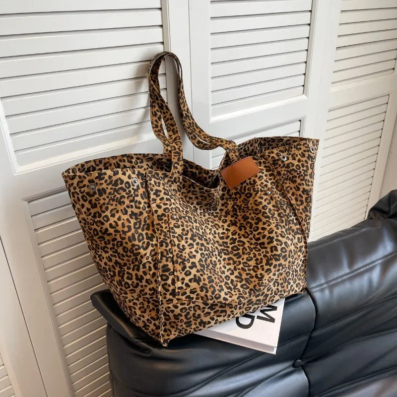 Oversized Leopard Print Canvas Tote Bag