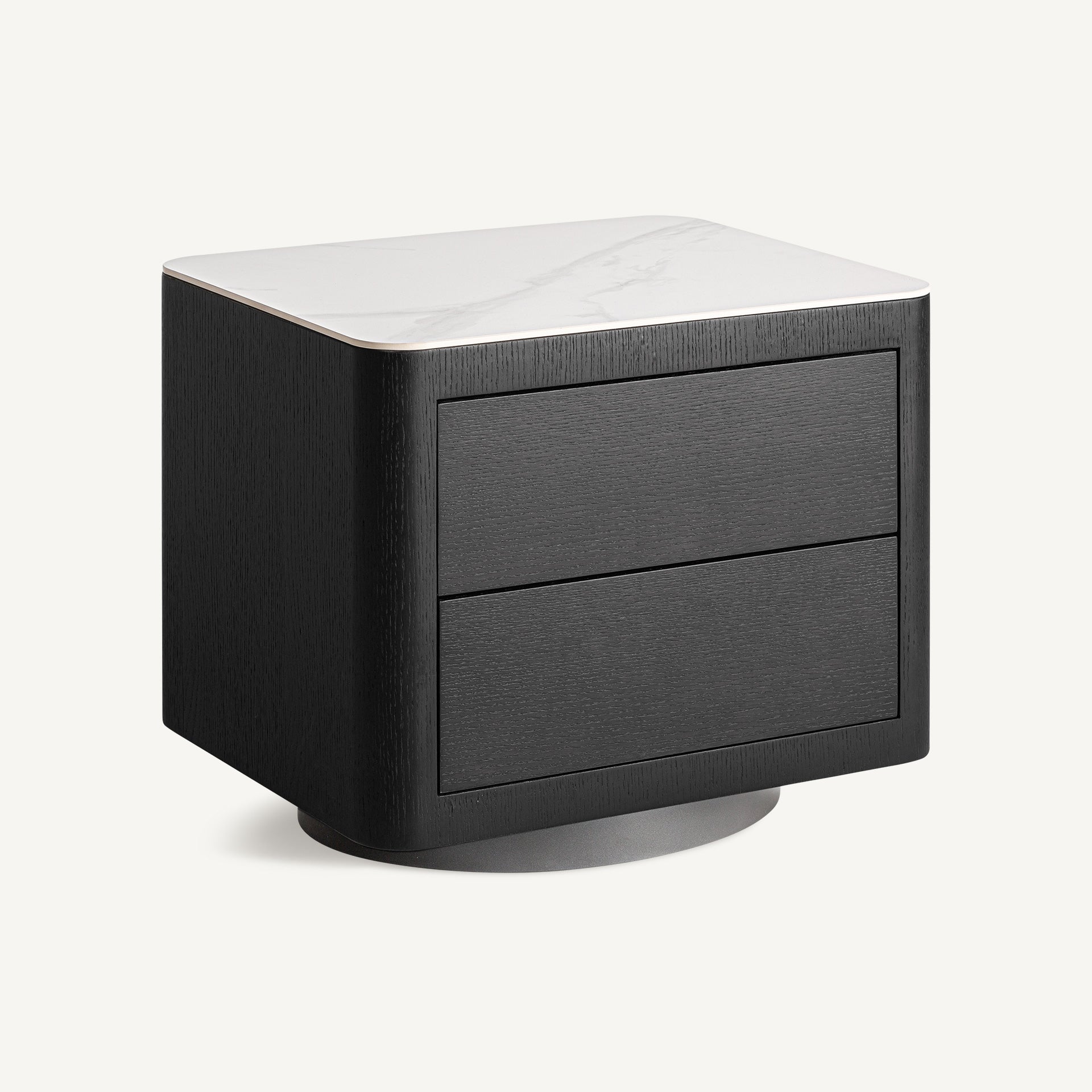 Wholen Art Deco Bedside Table – Black MDF with Grey Oak & Stone Top